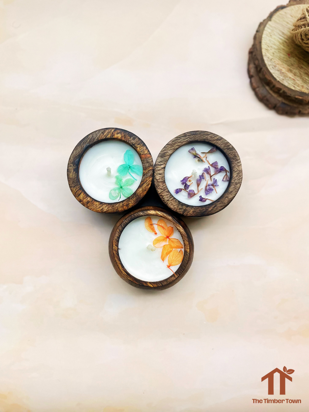 Artisan Floral Wooden Votive Candles (Set of 3) - Image 2