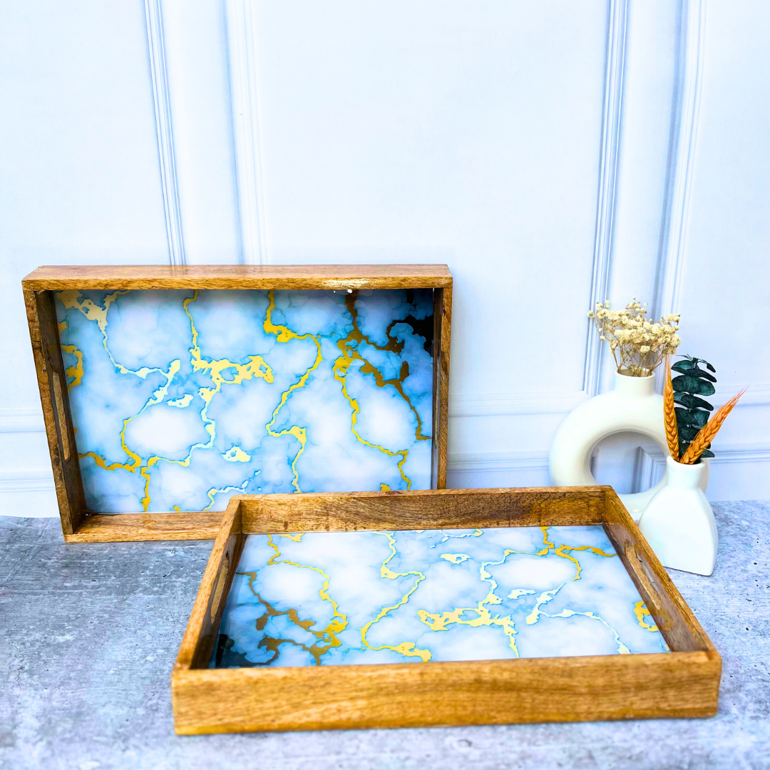 Luxe Radiance White and Golden Wooden Serving Tray