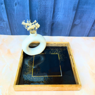 Opulent Squares Black and Golden Wooden Serving Tray