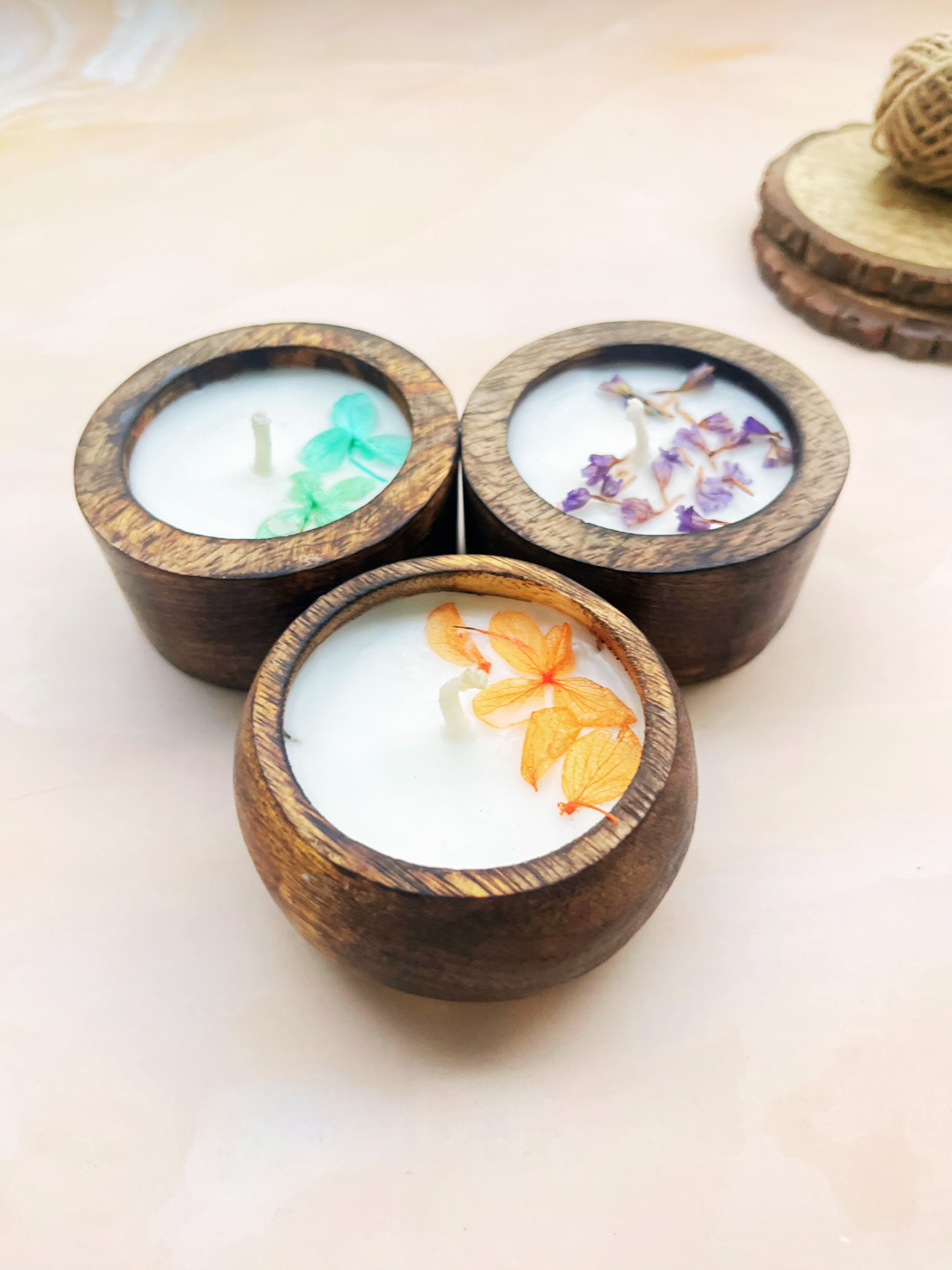 Artisan Floral Wooden Votive Candles (Set of 3)