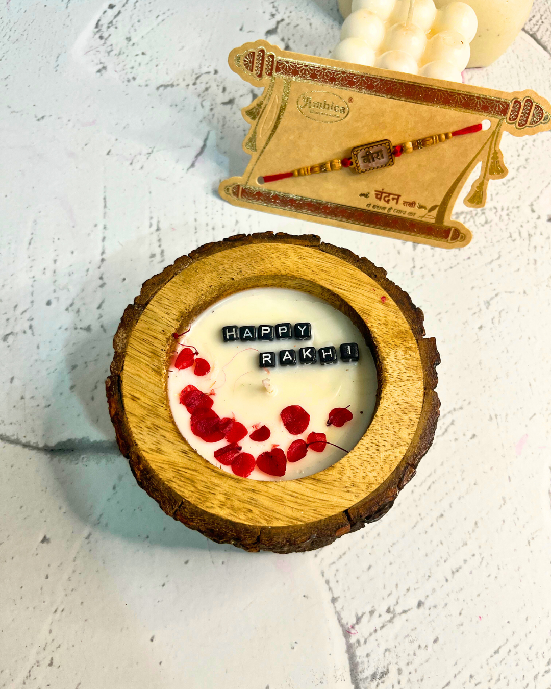 Happy Rakhi Scented Wooden Candle