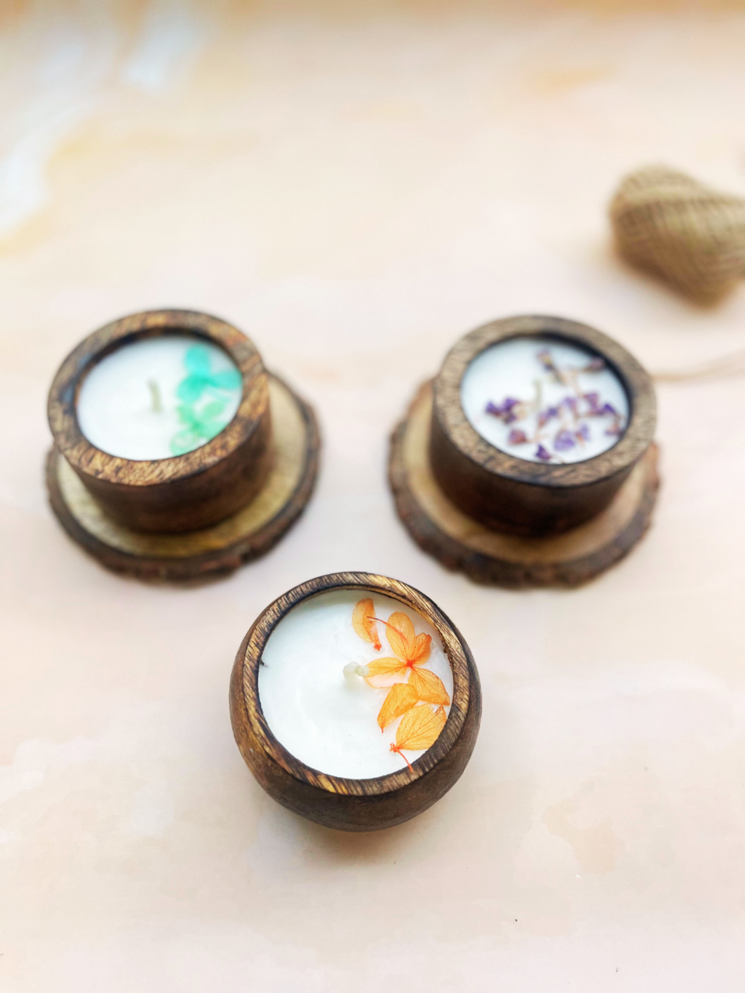 Artisan Floral Wooden Votive Candles (Set of 3) - Image 3