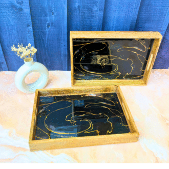 Midnight Luxe Black & Golden Wooden Serving Tray