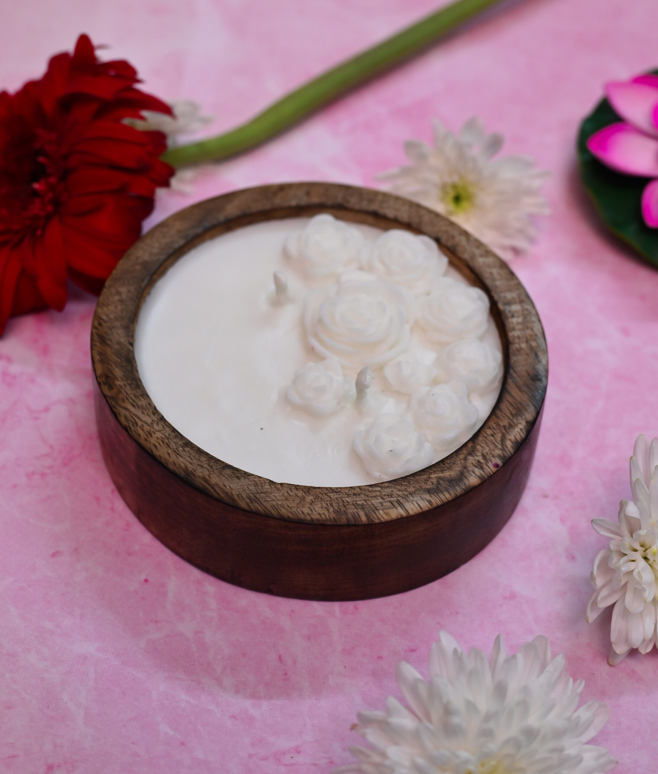 Artisan Rose Wooden Bowl Candle