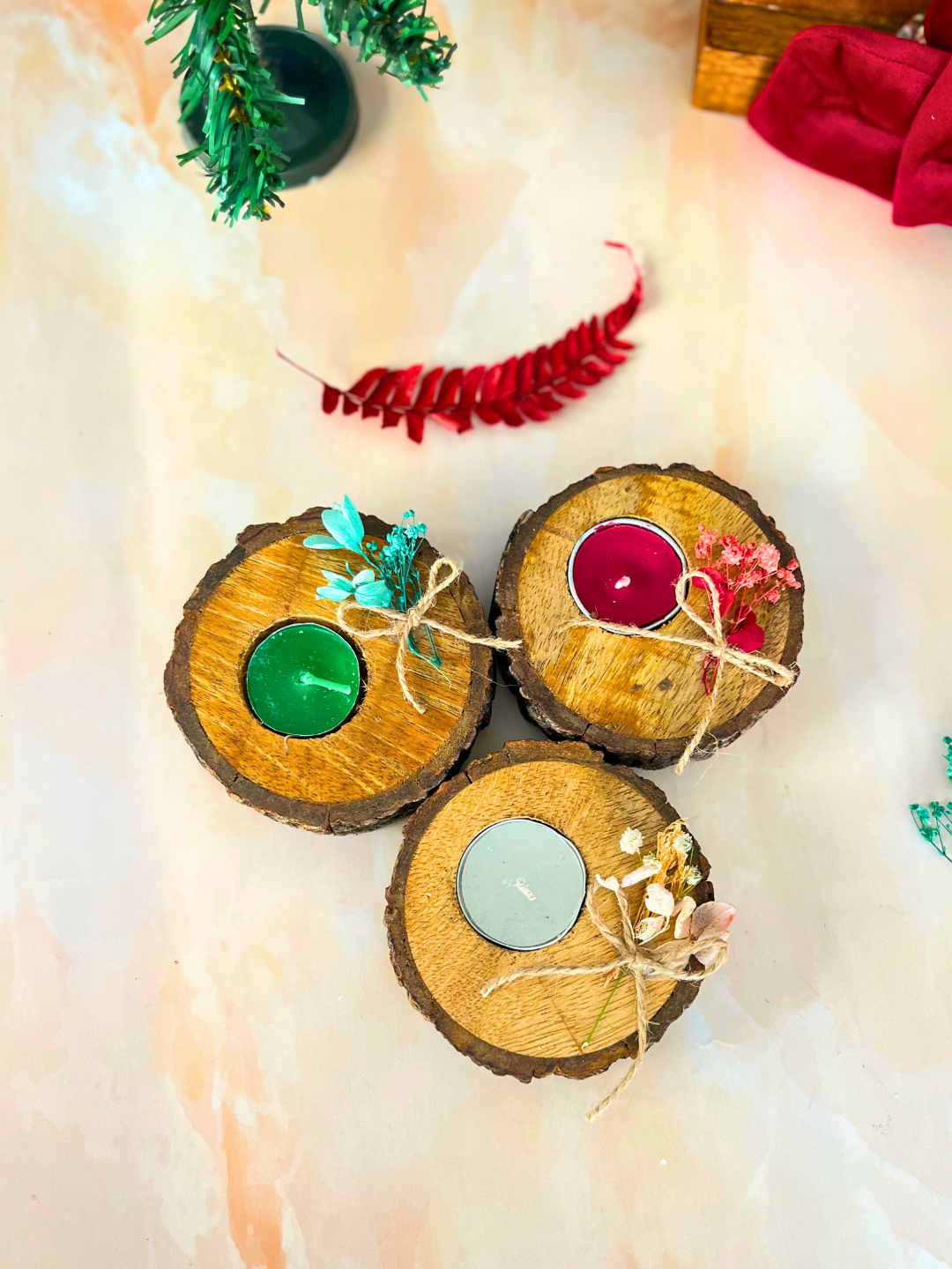 Rustic Floral Wooden Tealight Holder Trio (Set of 3) - Holiday Decor - Image 2