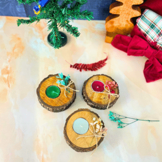 Rustic Floral Wooden Tealight Holder Trio (Set of 3) - Holiday Decor