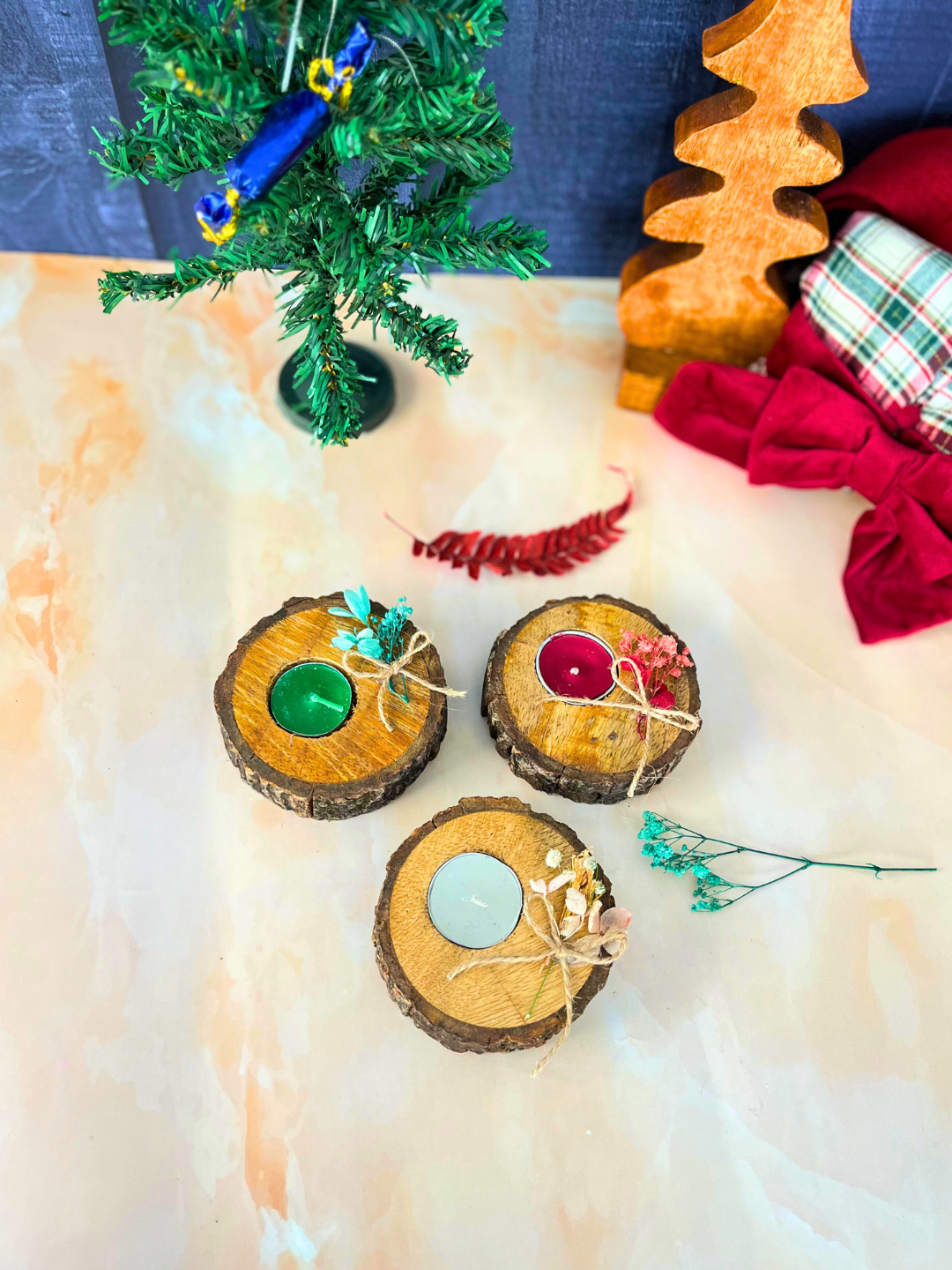 Rustic Floral Wooden Tealight Holder Trio (Set of 3) - Holiday Decor