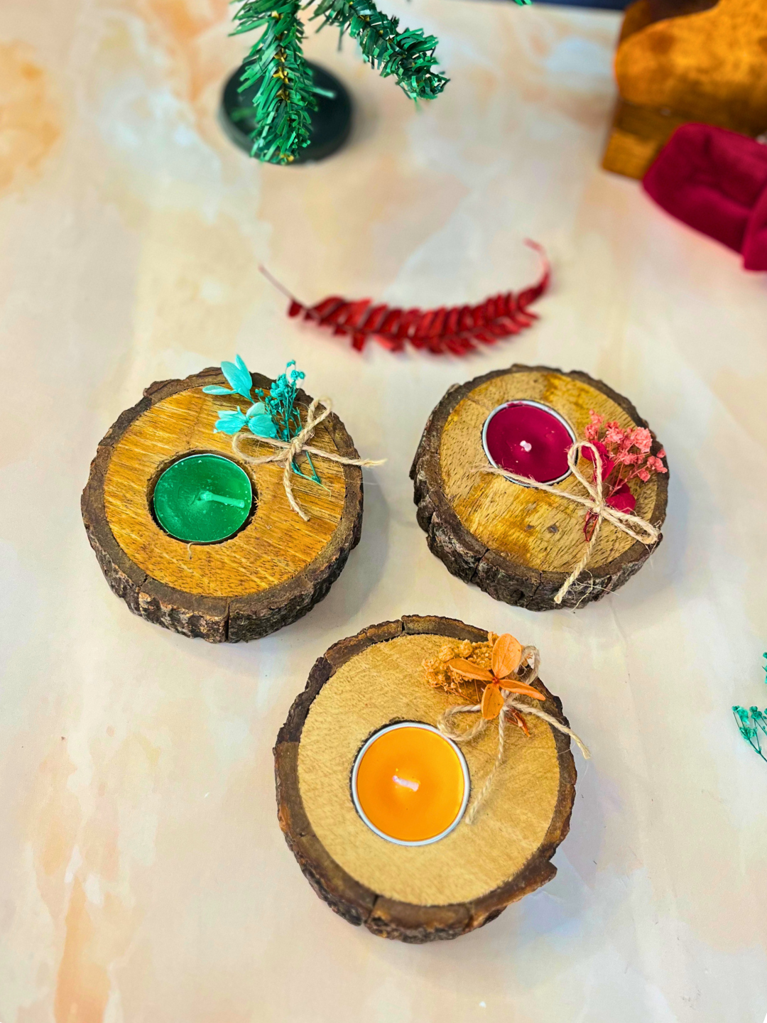 Rustic Floral Wooden Tealight Holder Trio (Set of 3) - Holiday Decor - Image 3