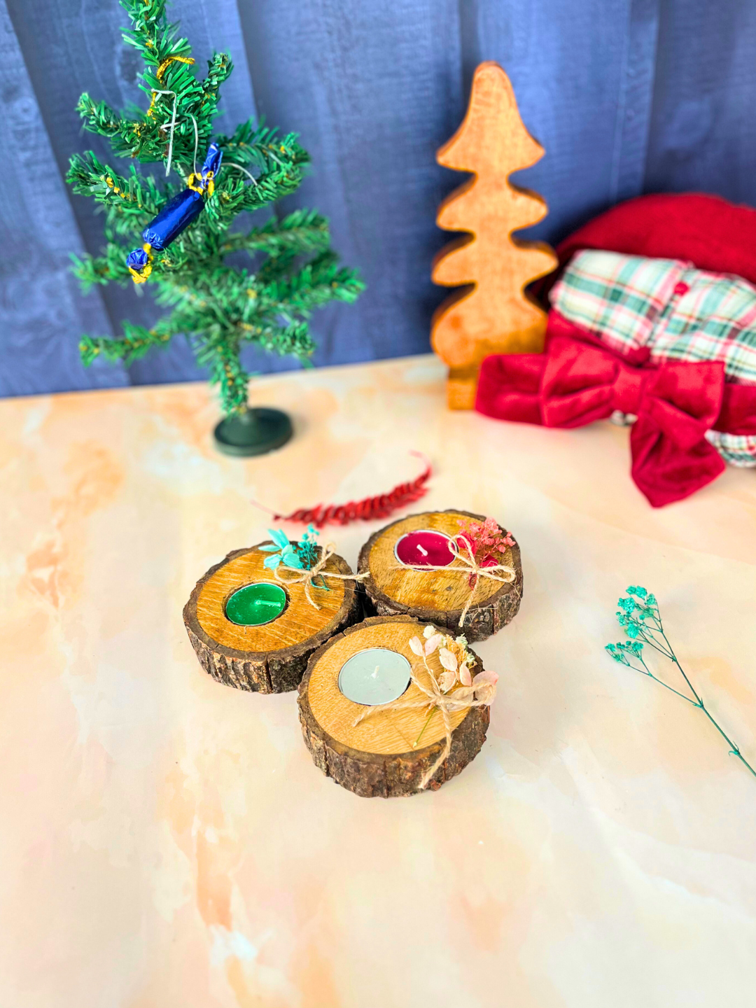 Rustic Floral Wooden Tealight Holder Trio (Set of 3) - Holiday Decor - Image 4